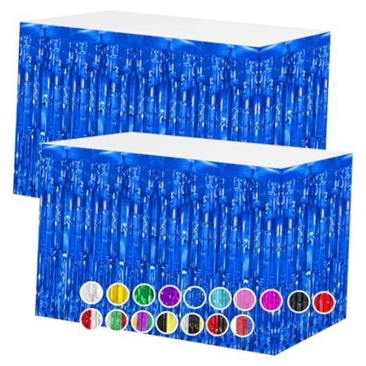2 Packs Table Skirts Metallic Foil Fringe Tinsel Table 2 PCS-29.5×108 Inch Blue