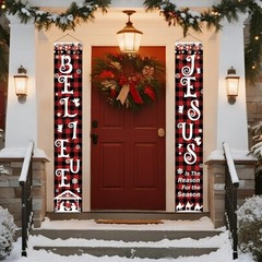 Red Christmas Front Door Porch Banner, Religious Nativity Scene Sign, Believe…