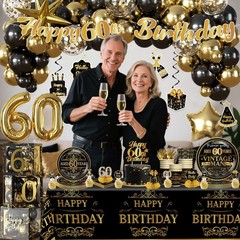 266 PCS 60th Birthday Party Decorations Tableware Plates Curtain Set Men
