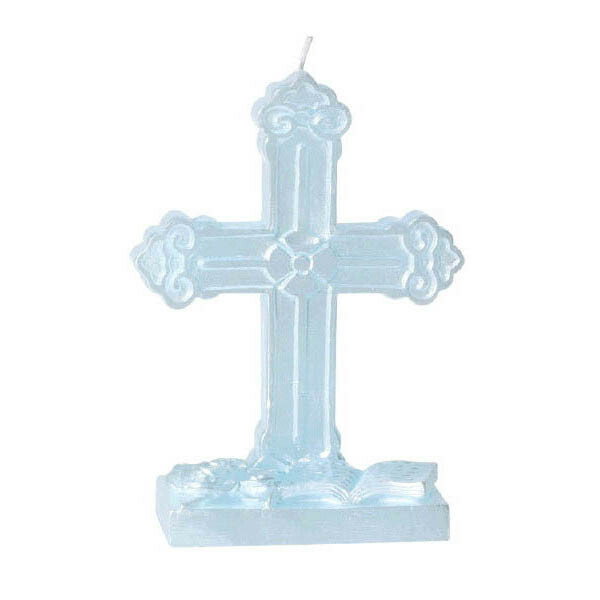 First Communion Cross Blue Candle 5″ Flat Molded Cake Decoration