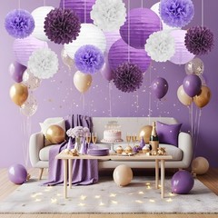 18 PCS Purple White Lanterns & Tissue Pom Poms for , Baby Shower, Wedding, Br…