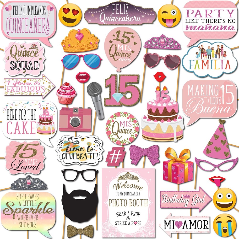 Quinceanera Photo Booth Props – 41-pc Photobooth Kit with 8 x 10-Inch Sign, 6…