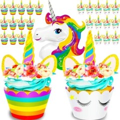 Unicorn Cupcake Wrappers Toppers & Balloon Rainbow Party Supplies