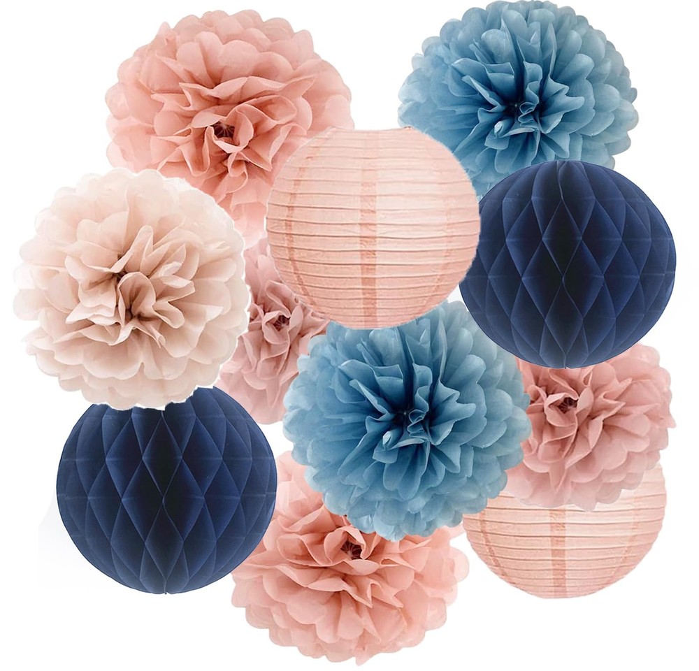 Dusty Pink Blue Hanging Party Decorations with Tissue pom poms and Lantern fo…