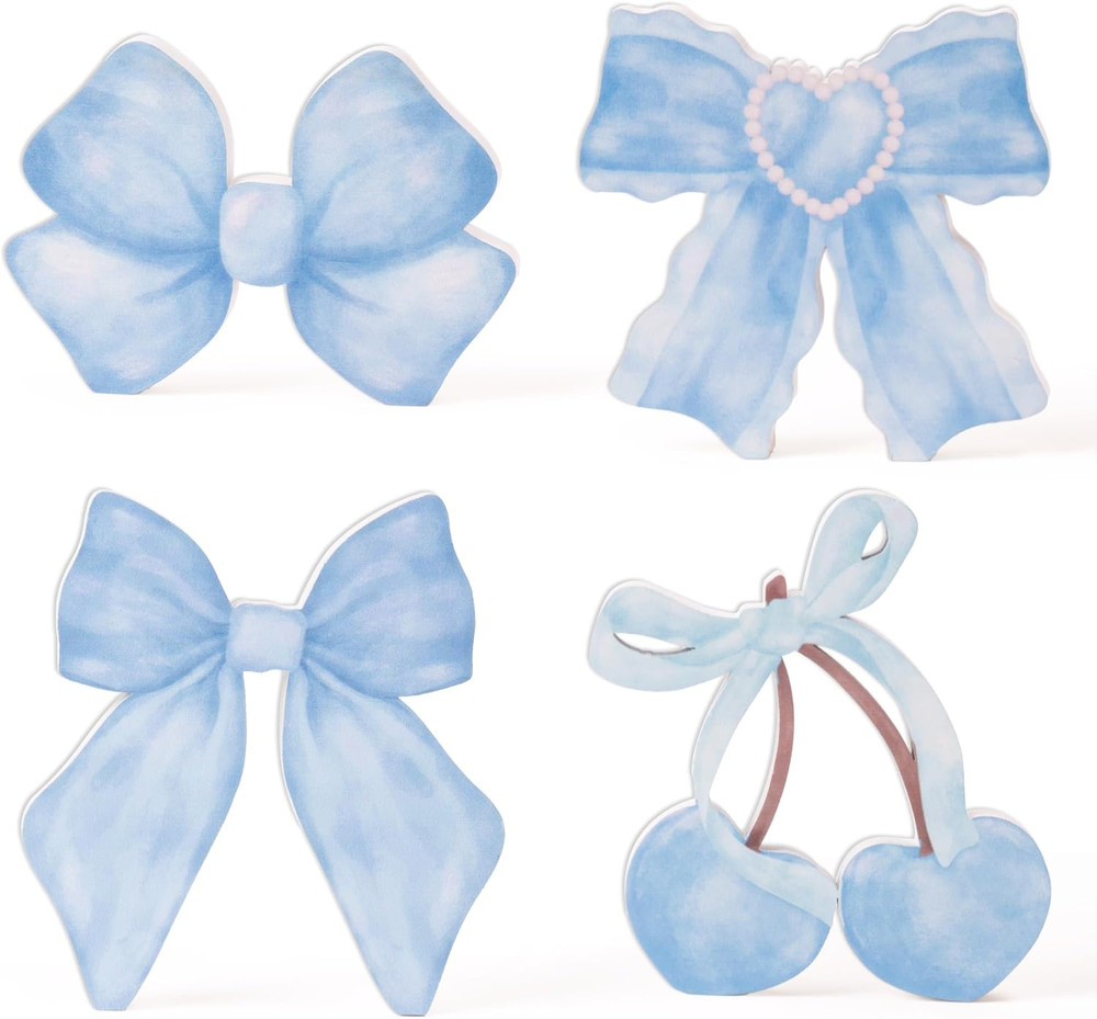 Watercolor Bow Tiered Tray Centerpieces – 4Pcs Blue Vintage Bow Cherry Wooden Ta