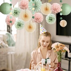 Sage Green and Blush Pink Party Decorations Lanterns Sage Green Cream Fans Li…