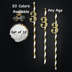 3rd Birthday Straws (SET OF 12) Glitter Birthday Decorations Favors (Any Age)