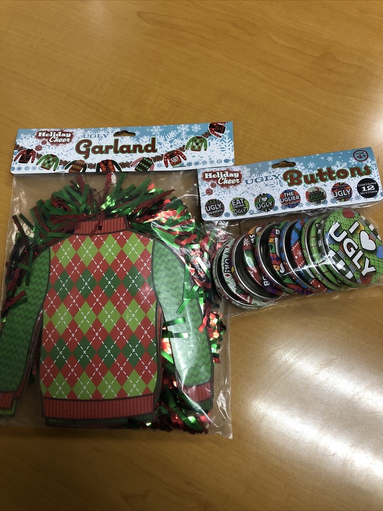 Christmas Ugly Sweater Garland & Pinback Buttons Party Decorations – NEW!