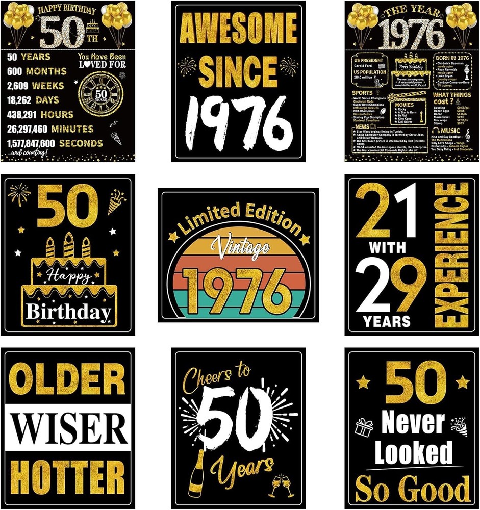 50th Birthday Decorations for Men Women, 9pcs Black Gold Happy 1976 50 Birthd…