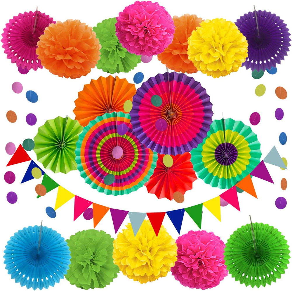 Party Decoration, 21 Pcs Multi-Color Hanging Paper Fans, Pom Poms Flowers, Garla