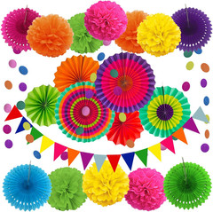 Party Decoration, 21 Pcs Multi-Color Hanging Paper Fans, Pom Poms Flowers, Garla