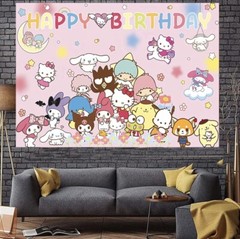 Hello Kitty & Friends Theme Party Decoration, 5×3.5ft Happy Birthday Backdrop