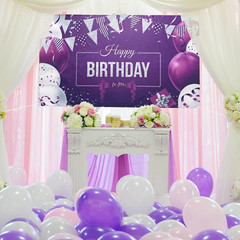Happy Birthday Backdrop Banner Large Purple Silver and White Balloons Sign Poste