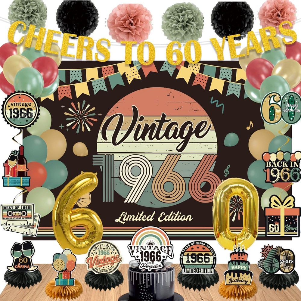 60th Birthday Party Decorations Set – Vintage 1966 Banner, Balloons, Cake Topper