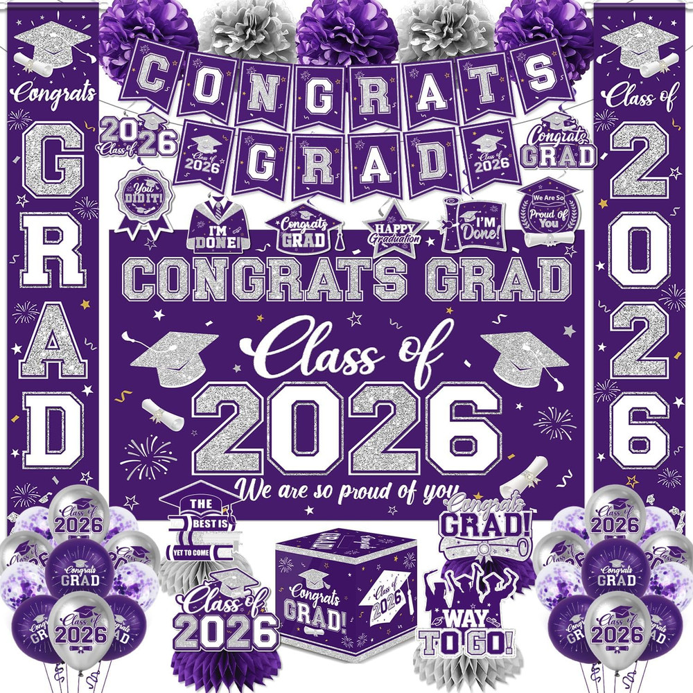 Purple and Silver Graduation Decorations 2026 Set, All-In-1 Kit with Congrats Gr