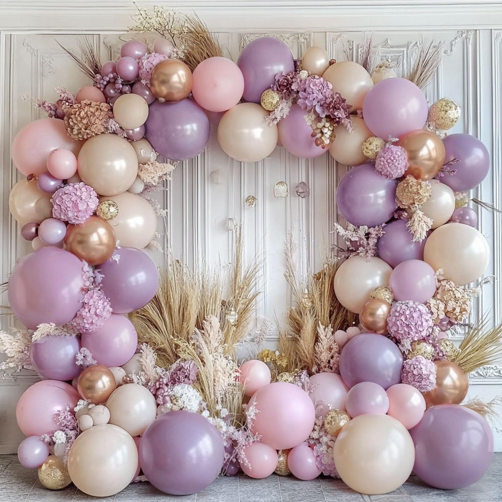 Purple Pink Beige Balloons Arch Kit, Double Stuffed Purple and Pink Balloon G…