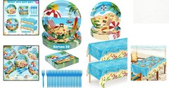 Complete 122PCS Summer Tableware Set: Tropical Plates, Forks & Tablecloth for 30