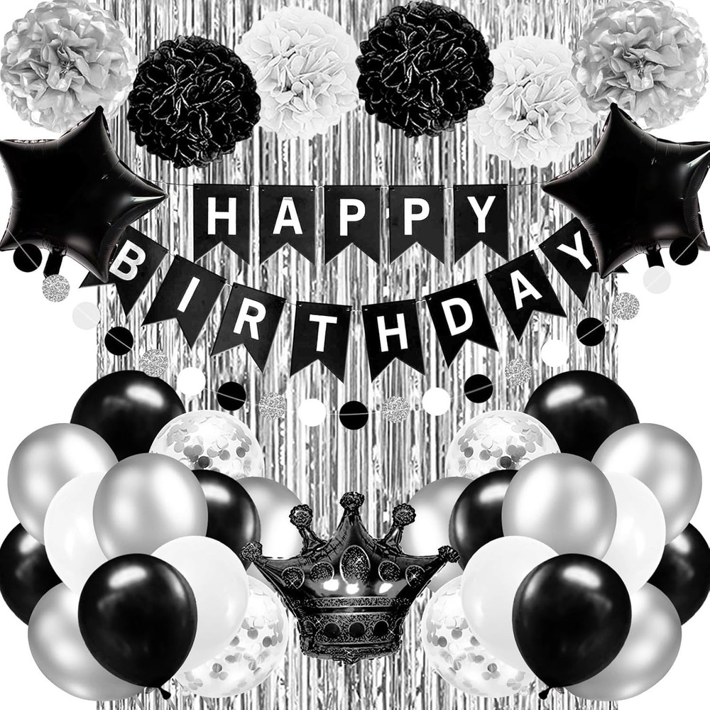 Black and Silver Birthday Party Decorations for Men Women Boys Girls Happy Bi…