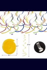 Happy Birthday Decoration Set, Banner, Multi-Color Balloons, Pom-Poms, Swirls