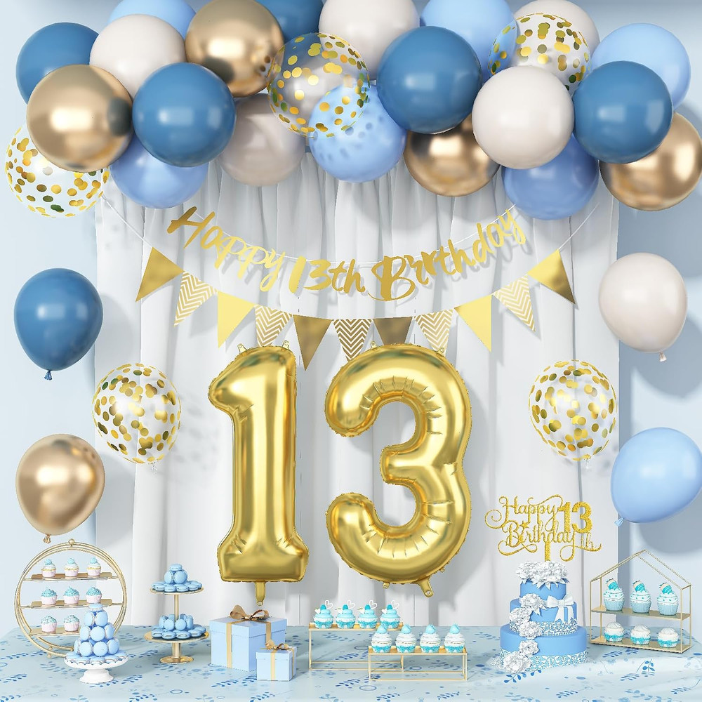 13Th Birthday Decorations for Girls Boys, Dusty Blue Cream White Gold 13 Balloon
