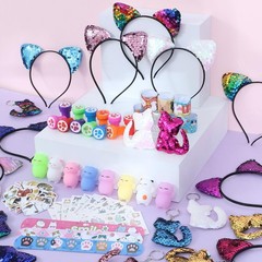 Cat Birthday Party Favors – Sequin Headband, Squishy Toy, Keychain, Stickers & M