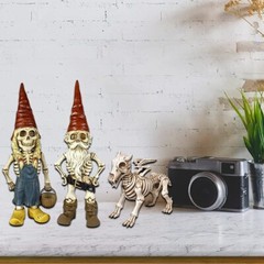 Skeleton Gnome Garden Statue – Skeleton Figurine with Dog Skull & Bones Decor