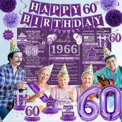 Purple 60Th Birthday Decorations for Women – Back in 1966 Backdrop, Banner, Swir