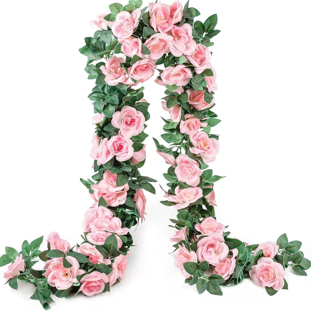 2 Pack Artificial Pink Rose Garland Vine – Total 16FT Silk Fake Blush Pink Rose