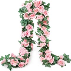 2 Pack Artificial Pink Rose Garland Vine – Total 16FT Silk Fake Blush Pink Rose
