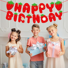 Strawberry Happy Birthday Banner,Pre-Strung Strawberry Birthday Party Decoration