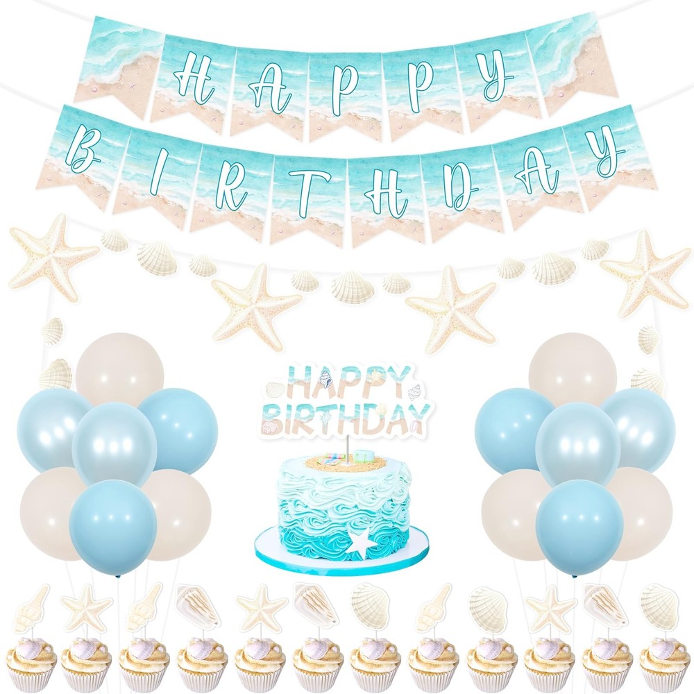 Beach Shell Birthday Decorations Shell Happy Birthday Banner Garland Cake Top…
