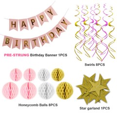 Happy Birthday Banner Party Decorations – Black Gold Decor Supplies Kit for Kids