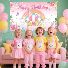Pink Bunny Party Decorations, Rabbit Birthday Party Backdrop Supplies, Bunny Hap
