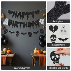 Glitter Black Halloween Birthday Banner-Heart Ghost and Skull Happy Birthday Dec