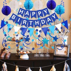 FECEDY Navy Blue Happy Birthday Paper Banner Flag Bunting Circle Confetti