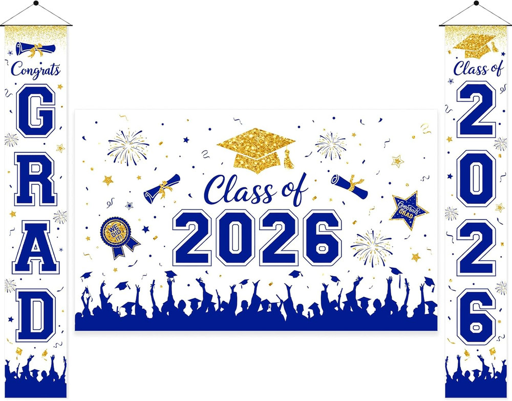 Graduation Decorations Set of 3 Large Banners Backdrop for Class of 2026 Gold