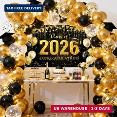 Avezano Graduation Backdrop Black and Gold Congratulations Class of 2026 Banner
