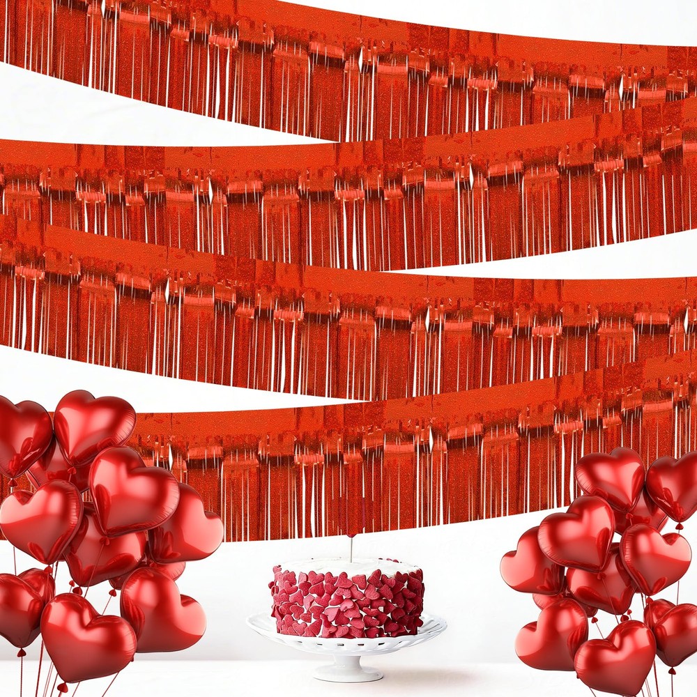 4 Pack Each 10Ft Foil Fringe Garland Parade Floats for 10 feet, Glitter Red
