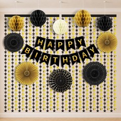 Black and Gold Party Decorations, 13Pcs Hanging Paper Fans Star Foil Curtains…