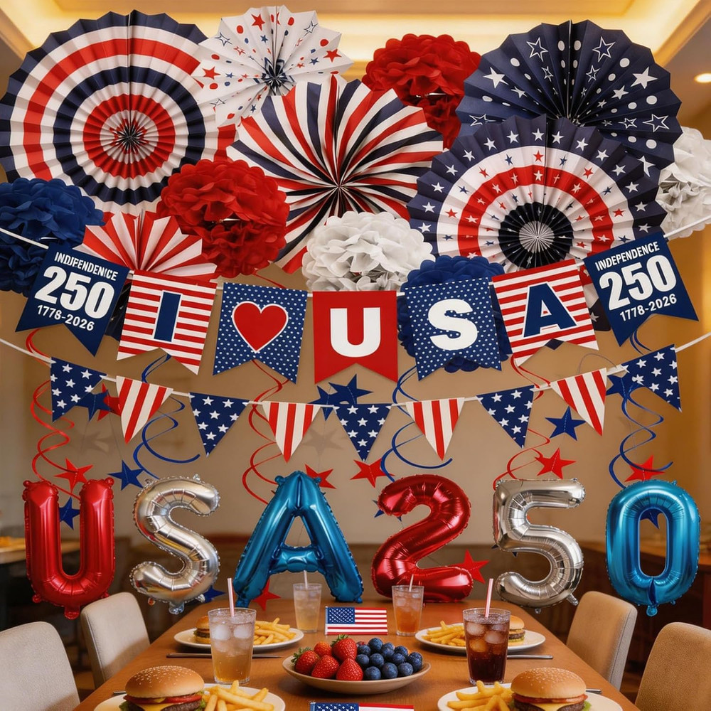 Patriotic Memorial Day Decorations Red White Blue Paper Fans for 250th Annive…