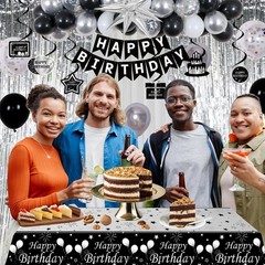 Stylish Black & Silver Birthday Decorations Set for Men, Women, Kids – Balloons,