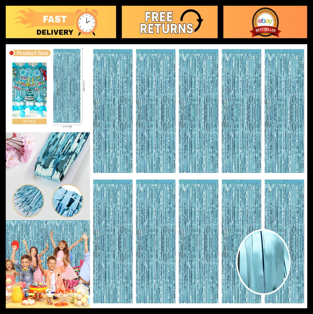 10 Pack Metallic Blue Foil Fringe Curtains 3.2ft x 9.8ft Photo Booth Backdrop fo