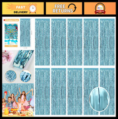 10 Pack Metallic Blue Foil Fringe Curtains 3.2ft x 9.8ft Photo Booth Backdrop fo