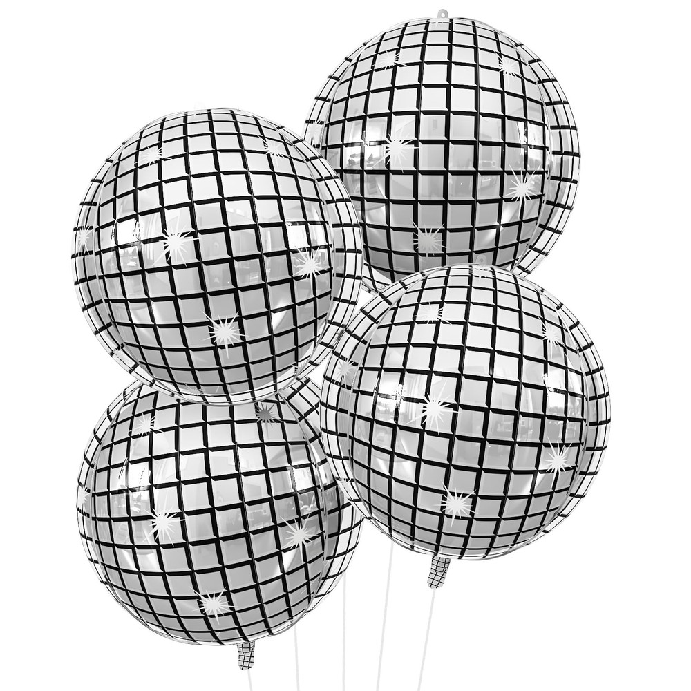 Disco Balloons 4PC,Foil Disco Balloons 22 Inch 4D Round Metallic Silver Ballo…