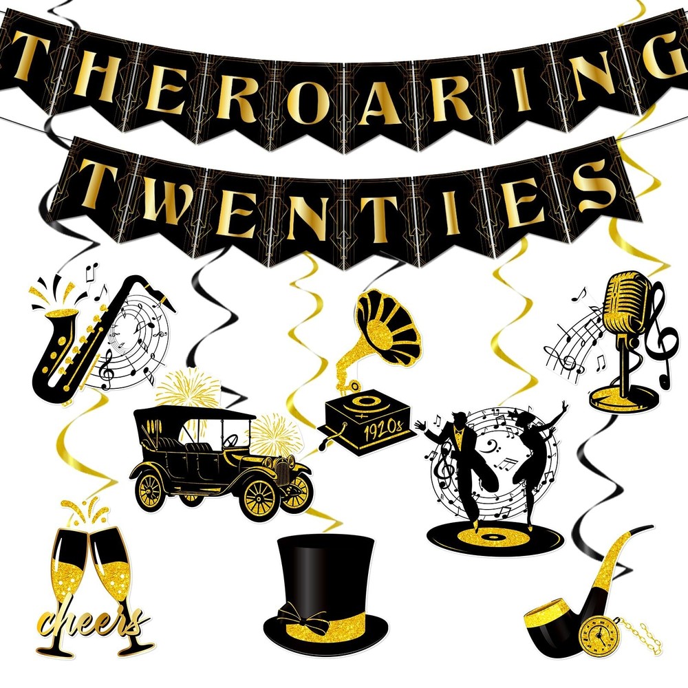 Roaring 20s Party Decorations – 10Pcs Pre-Strung 1920’s Vintage Banner Set Bl…