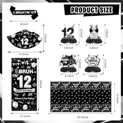 12th Birthday Decorations for Boys – Black Party Supplies, Banner, Tablecloth, C