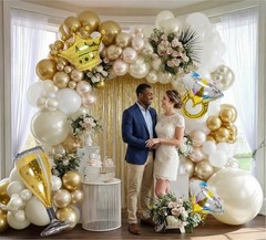 White Gold Balloon Arch Kit, Double Stuffed Gold and White Balloons Latex Nud…