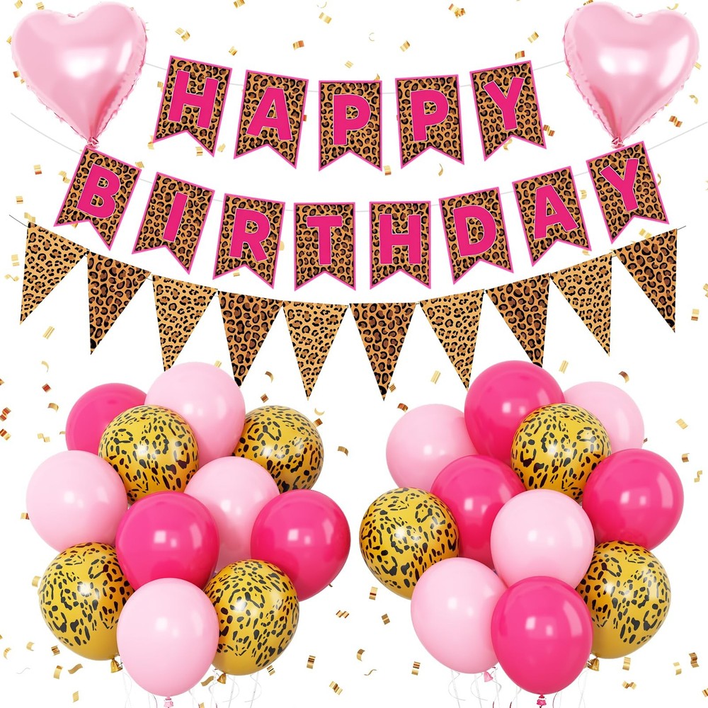 Pink Leopard Decorations, Gold Cheetah Print Animal Balloons Hot Pink and Hea…