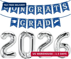 Navy Blue and Silver Graduation Decorations 2026, Silver 2026 Balloons, Congrats