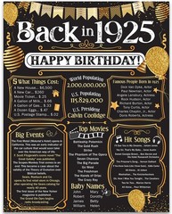 100th Birthday 1925 Poster Back in 1925 Party Decorations 11×14 Unframed Print